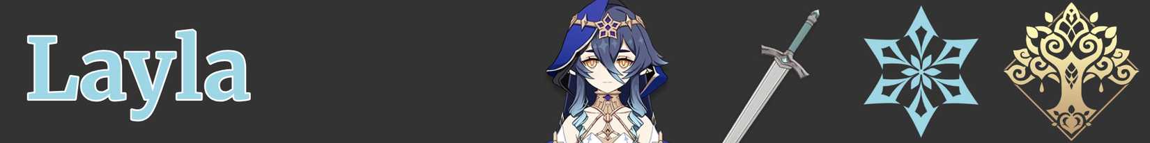 a narrow image strip with icons representing layla's weapon, element, and region - sword cryo sumeru - genshin impact