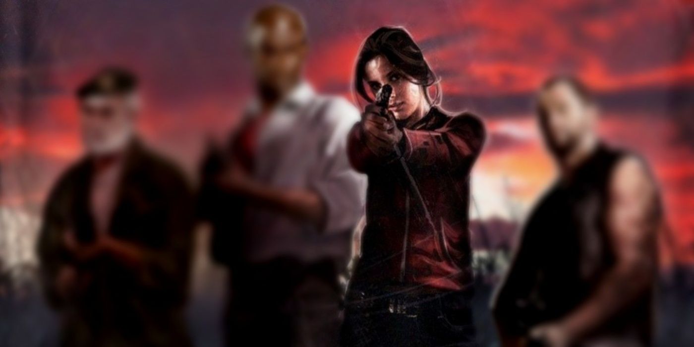 Left 4 Dead Zoey pointing gun with other survivors blurred out