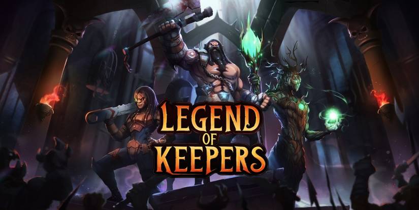 Legend Of Keepers title card, three heroes in action pose