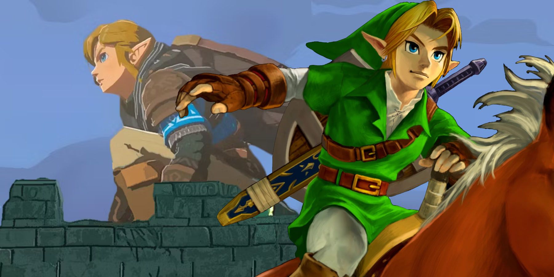 A screenshot of Link perched on a tower in The Legend of Zelda: Tears of the Kingdom, with Link from Ocarina of Time inserted beside him.