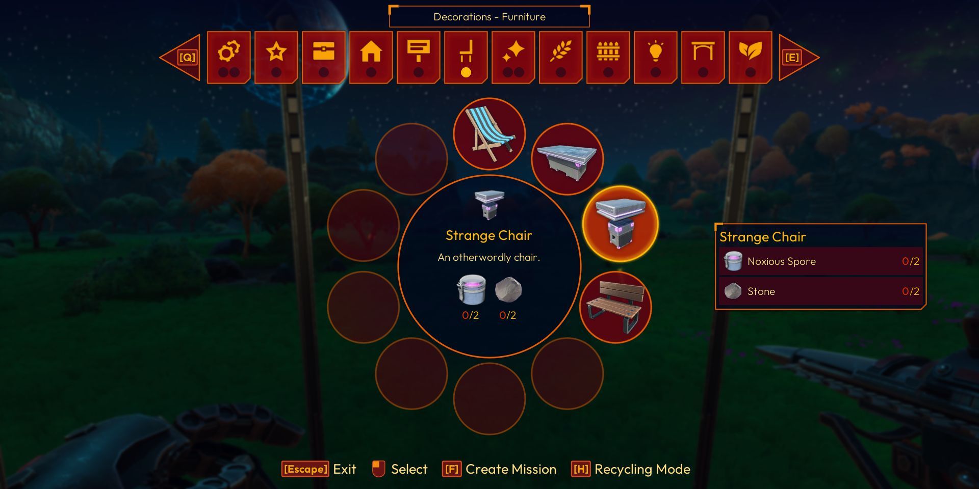 The build menu of Lightyear Frontier, the player is selecting "strange chair"