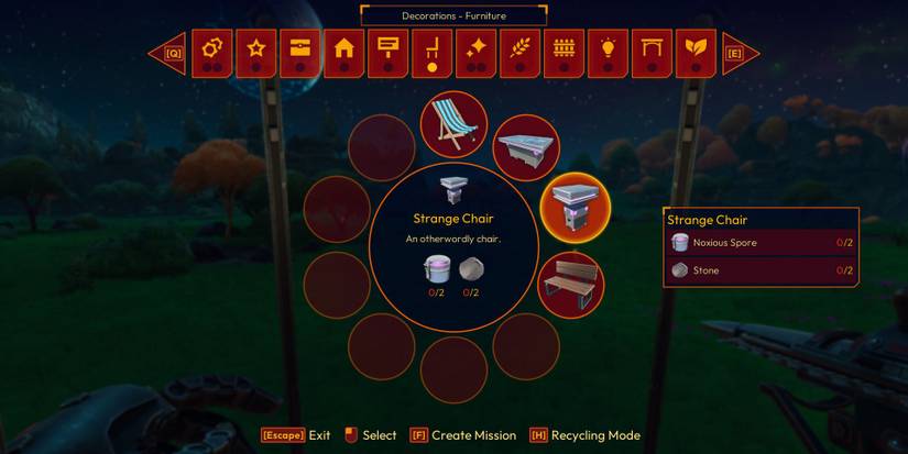 The build menu of Lightyear Frontier, the player is selecting "strange chair"