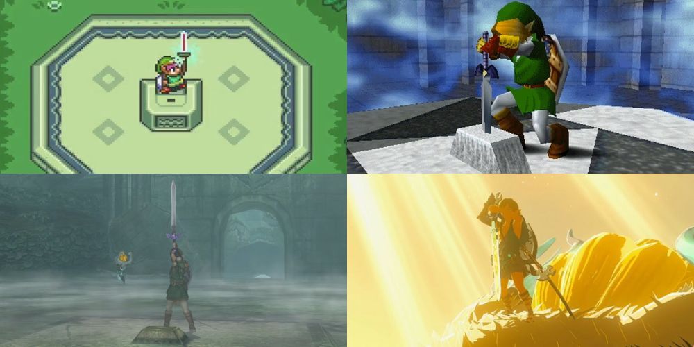 Link obtaining the Master Sword in A Link to the Past, Ocarina of Time, Twilight Princess and Tears of the Kingdom.