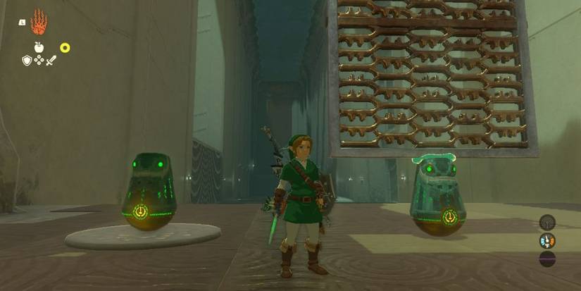 Link using some stabilizers in the Makasura Shrine.