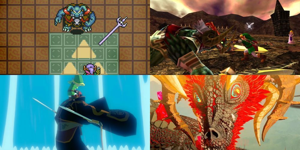 Link vs Ganondorf, in A Link to the Past, Ocarina of Time 3D, Wind Waker and Tears of the Kingdom.