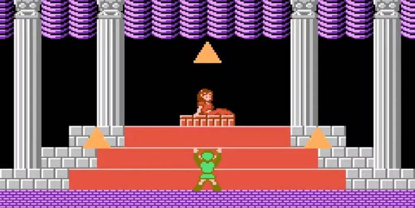 Link waking up Zelda with the power of the complete Triforce.