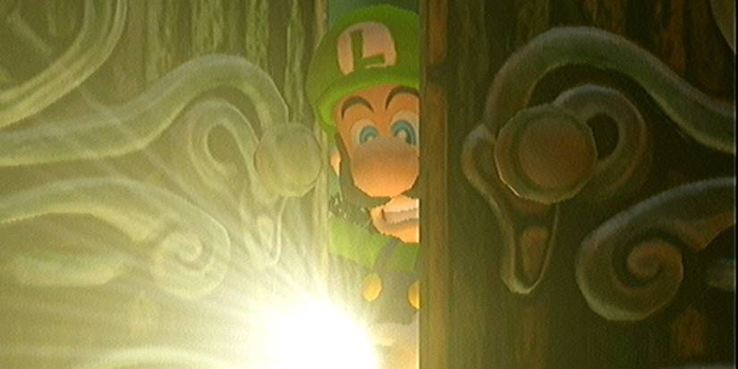 Luigi peeking through a door with a flashlight in luigi's mansion