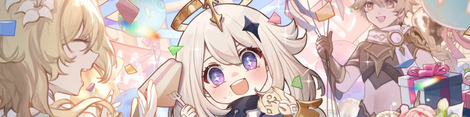 Lumine, Paimon, and Aether celebrating Paimon's birthday with balloons, a cake, and presents