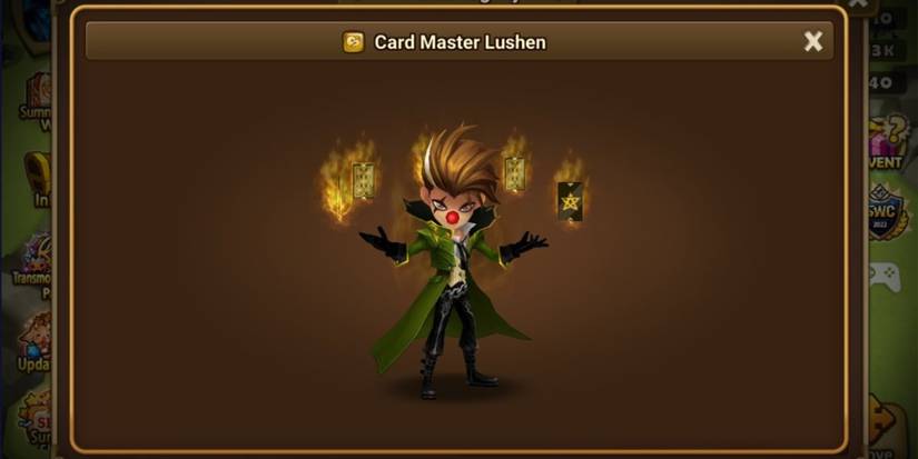 Lushen from Summoners War surrounded by flaming playing cards.