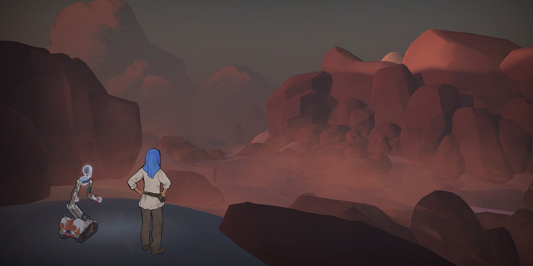 main character of Heaven’s Vault looking out onto mountains