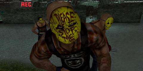 A large man with a yellow mask reading 'please stop me' written on it in blood