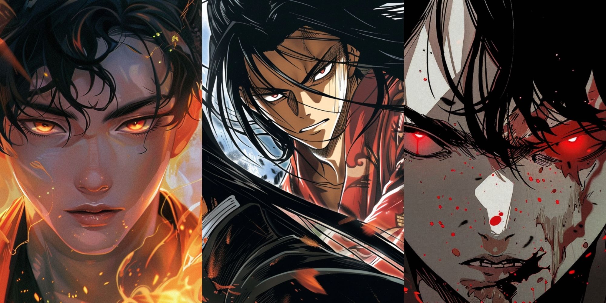 Three characters in a slide motion depticing three unique artist style of Manhwa, with the first one having fire power, the second wone being a martial artist in a staredown, and the third one being a bloody beat up mess maintaining eye contact.