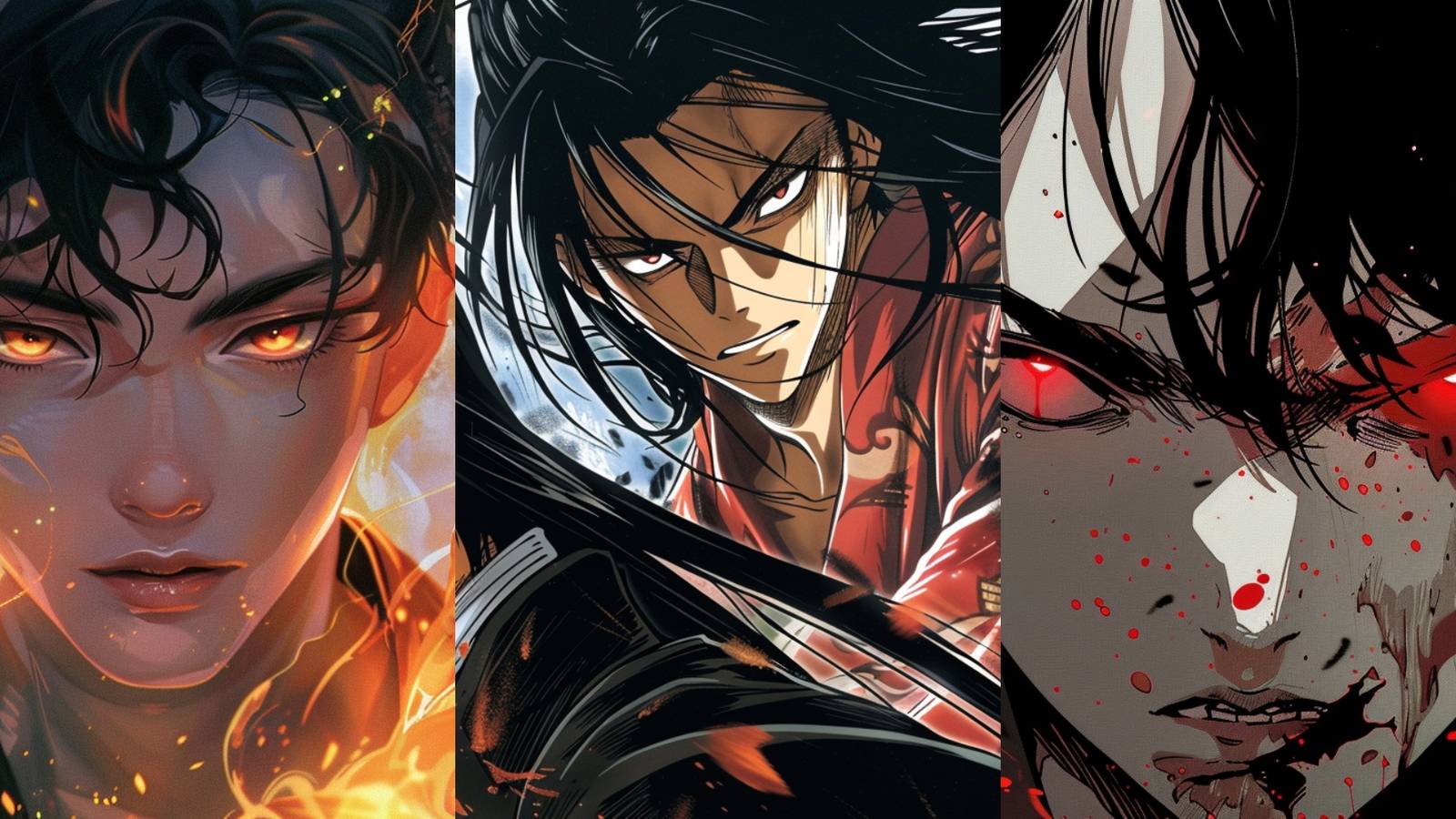Three characters in a slide motion depticing three unique artist style of Manhwa, with the first one having fire power, the second wone being a martial artist in a staredown, and the third one being a bloody beat up mess maintaining eye contact.