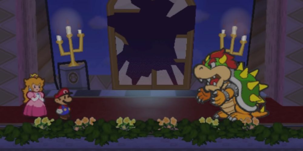 Mario and Peach face Bowser at the beggining of the game.