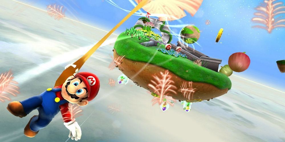 Mario flying through Gusty Garden Galaxy.