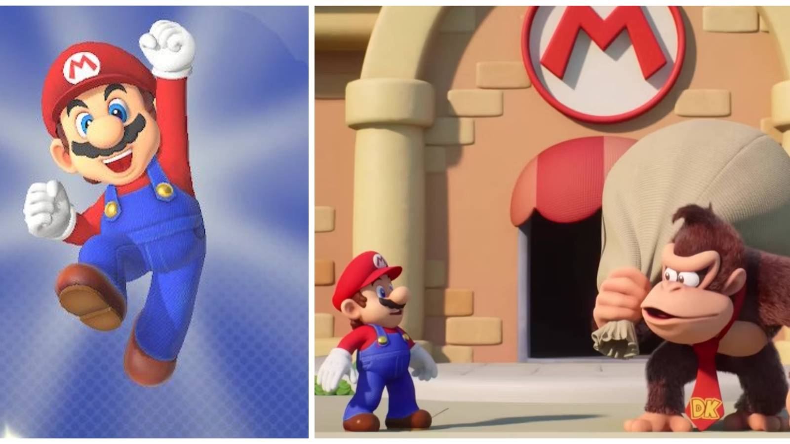 mario jumping and mario facing donkey kong pre game