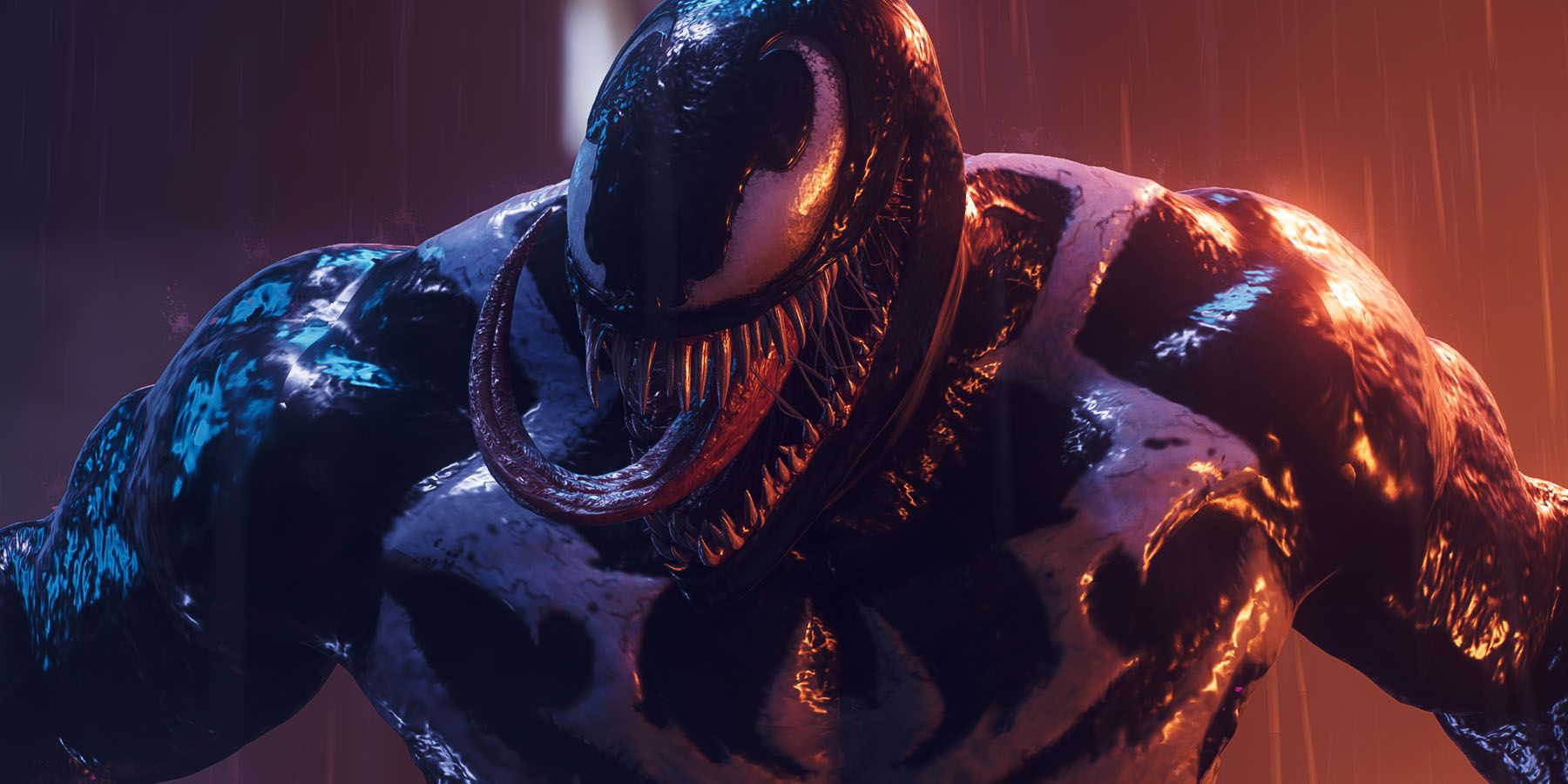 A screenshot of Venom standing in a dark city street in Marvel's Spider-Man 2.