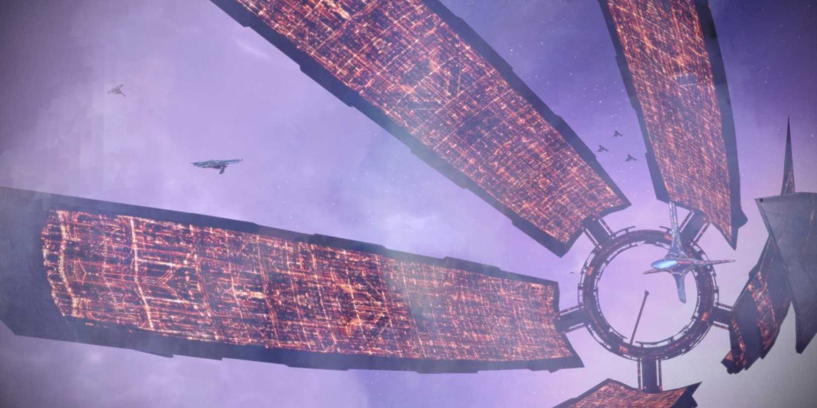 Mass Effect the winges space station known as the citadel, each arm glowing with life
