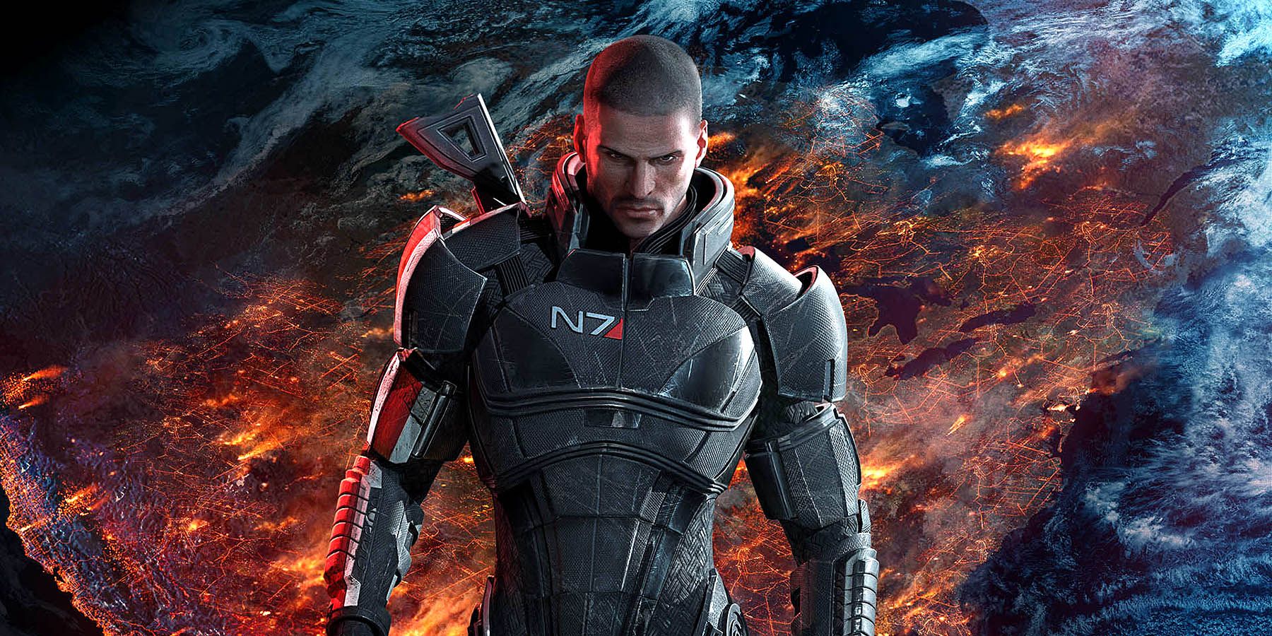 Mass Effect Shepard in front of burning planet