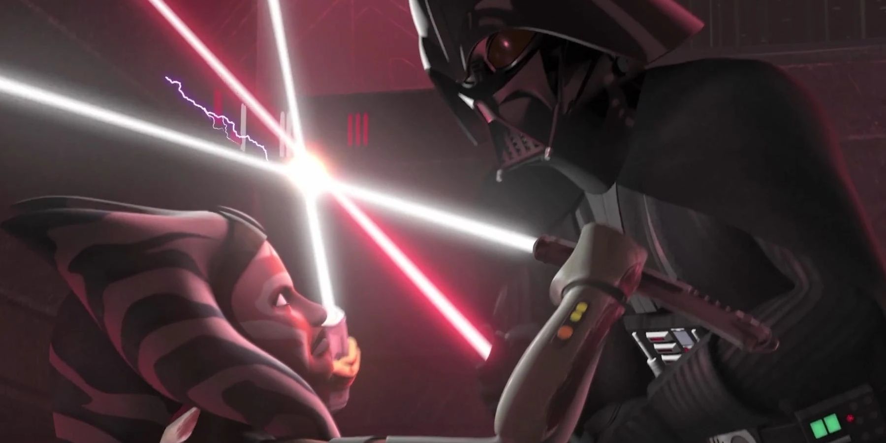 Ahsoka and darth Vader clash lightsabers