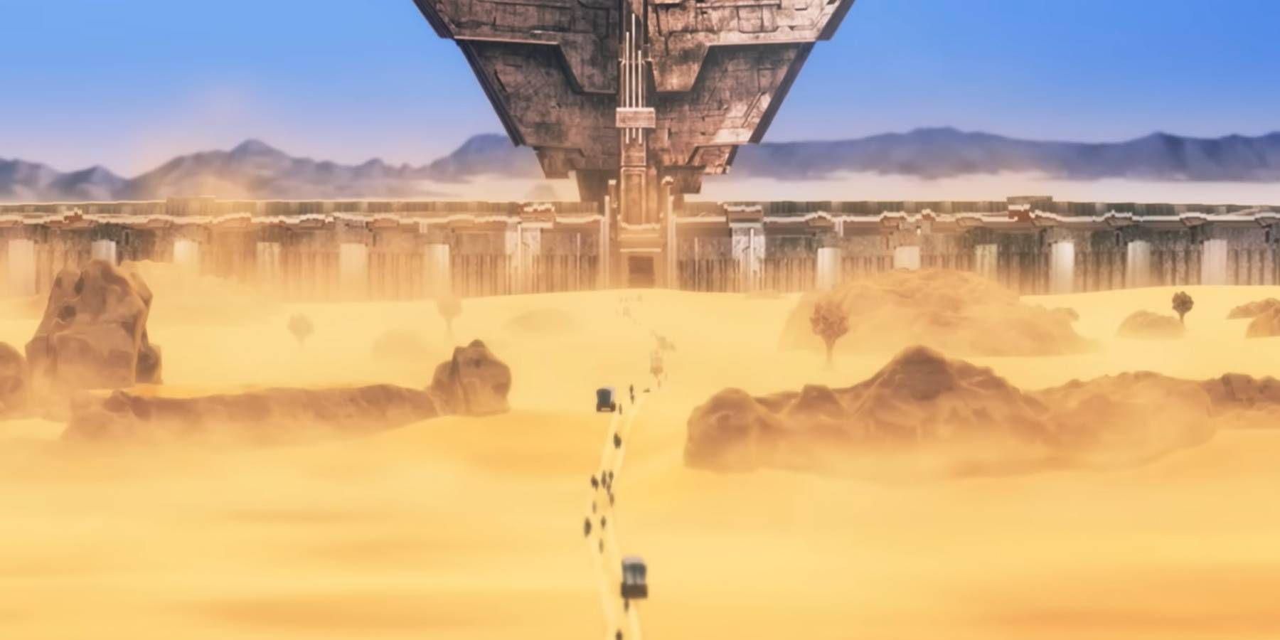 Crowds of people traveling to a city in the desert in Metaphor: ReFantazio