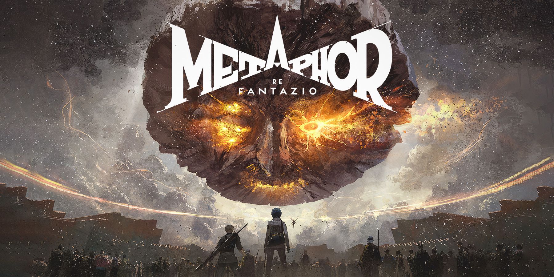 Metaphor ReFantazio evil-looking floating stone head smiling artwork with game logo