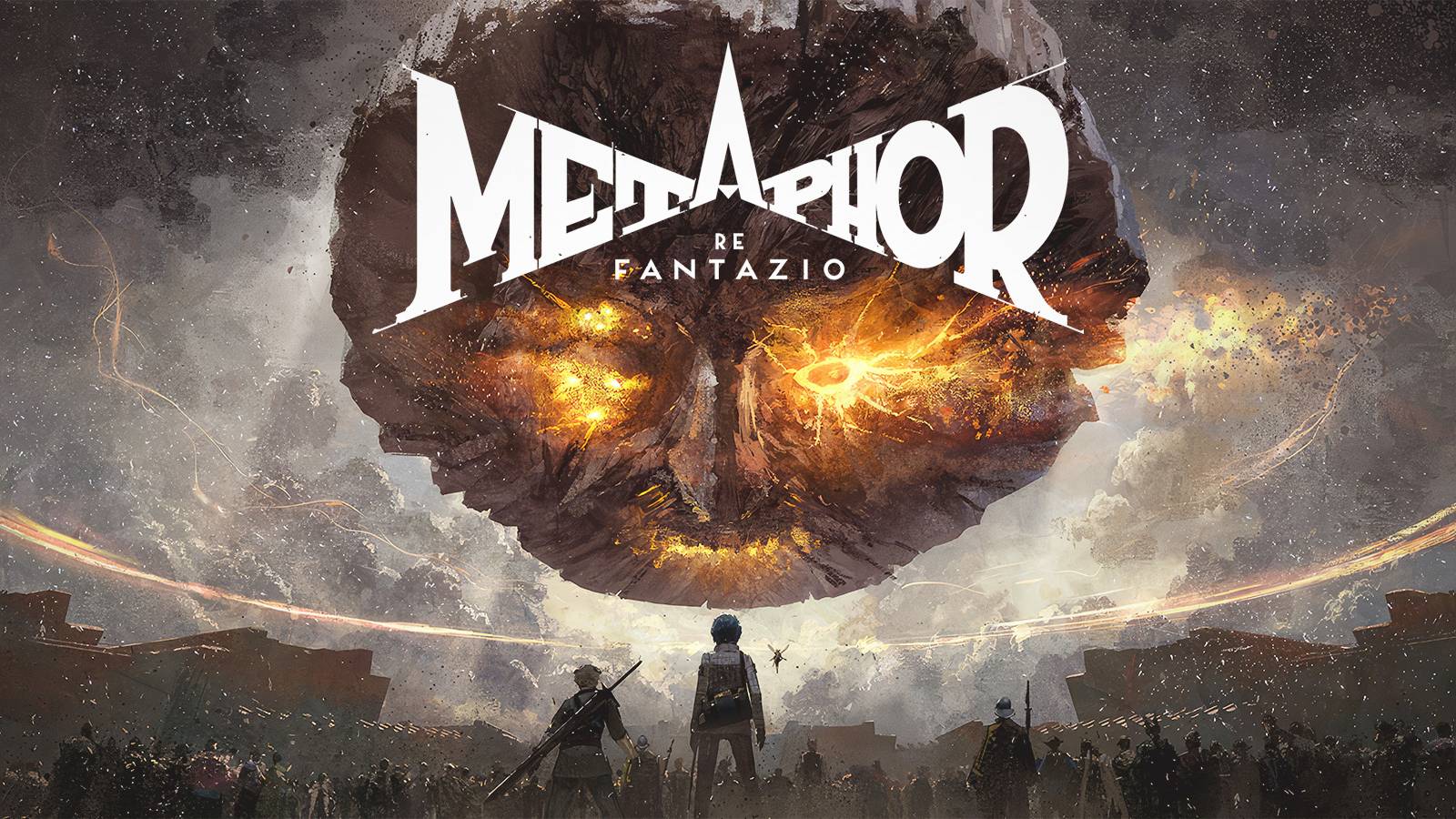 Metaphor ReFantazio evil-looking floating stone head smiling artwork with game logo