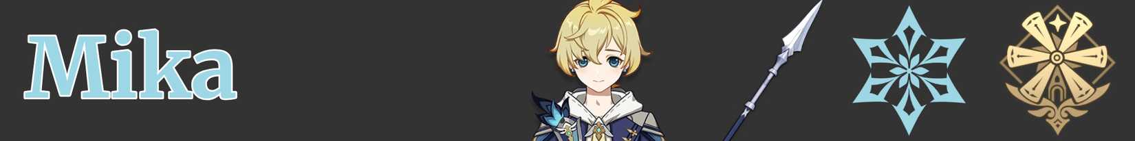 a narrow image strip with icons representing mika's weapon, element, and region - polearm cryo mondstadt - genshin impact