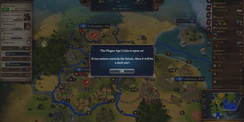 An alert saying "The plague age crisis is upon us!" in Millennia