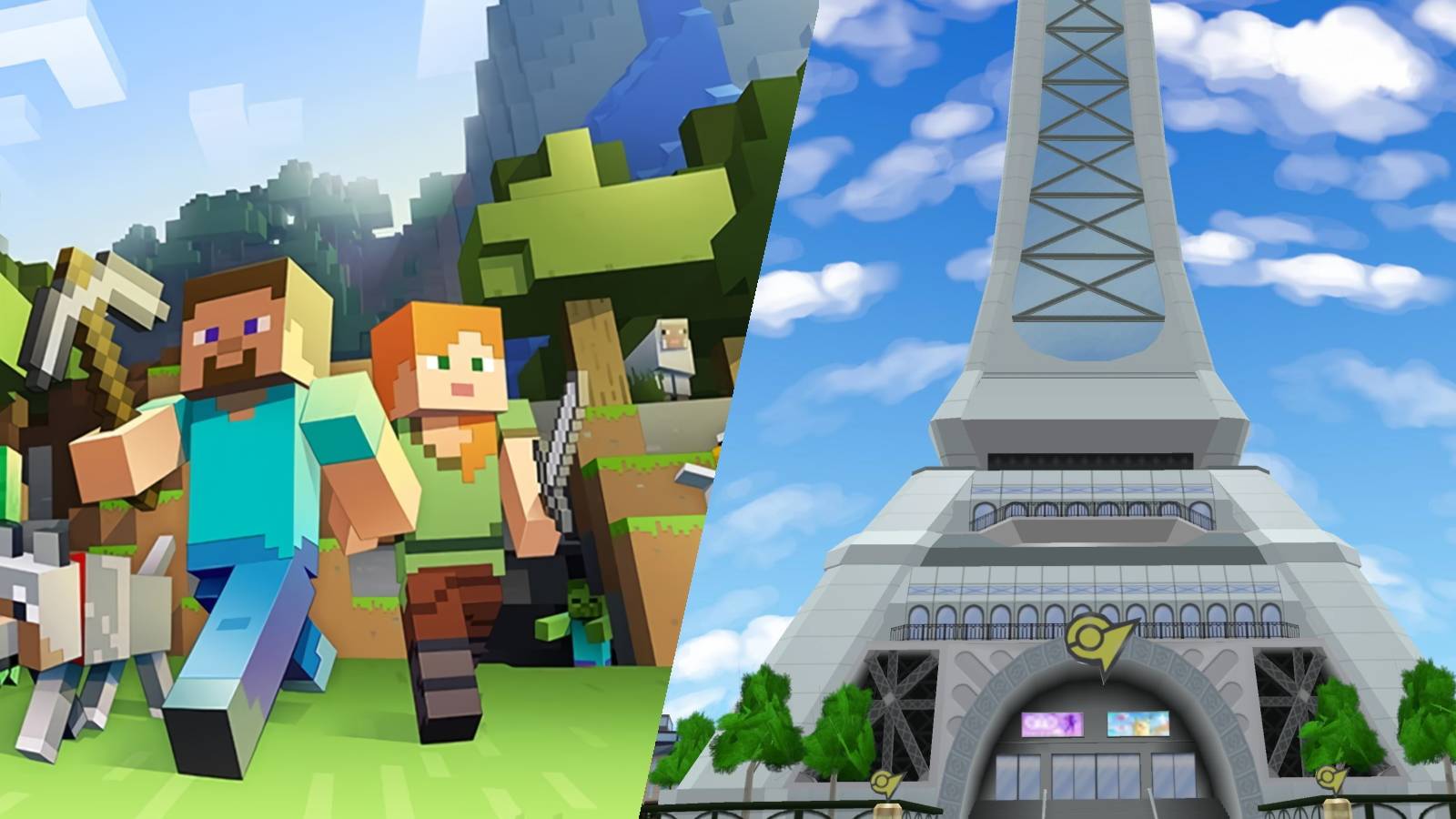 A key visual for Minecraft set side-by-side against Pokemon's Prism Tower.