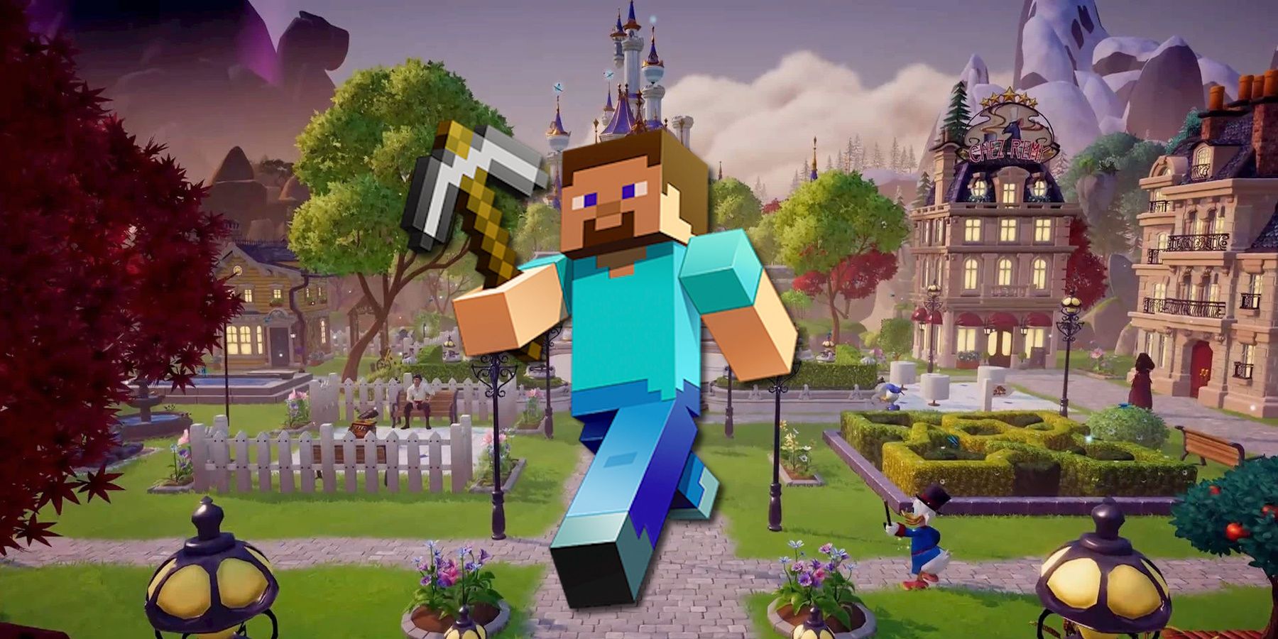 Minecraft Steve over Disney Dreamlight Valley promo picture