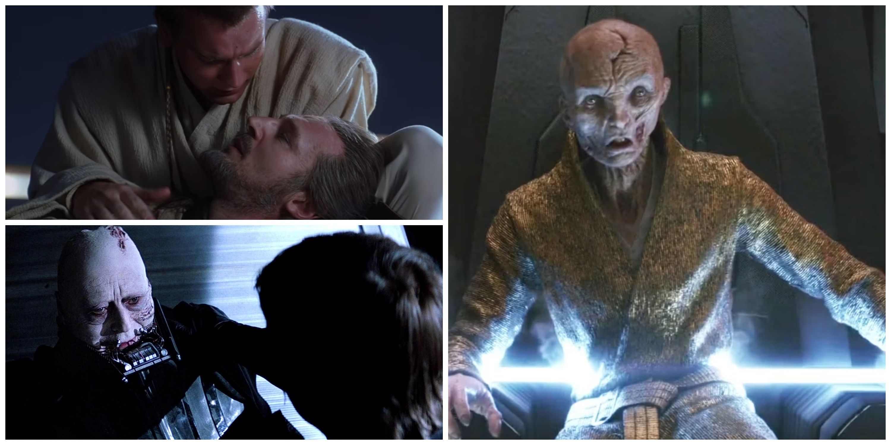 obi-wan holding his dying master, qui-gon. Luke holding his dying father, darth vader. Snoke getting killed.