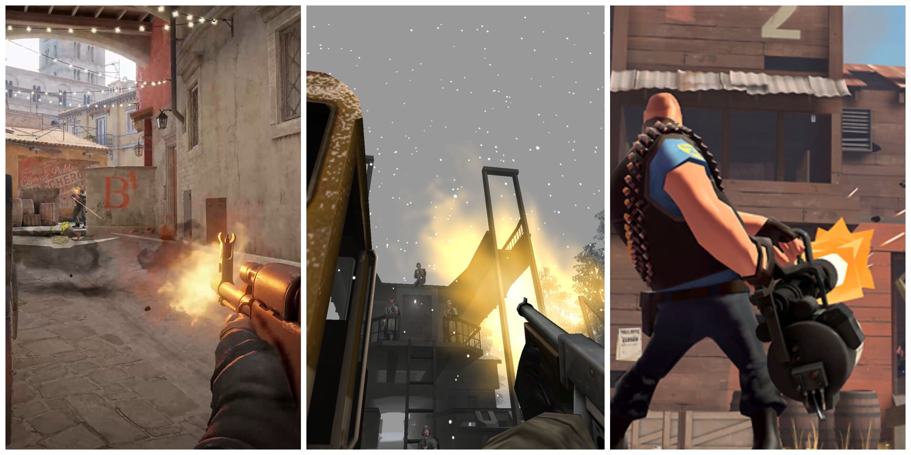 Best Multiplayer FPS Games Of All Time (Featured Image) - Counter-Strike 2 + Wolfenstein: Enemy Territory + Team Fortress 2