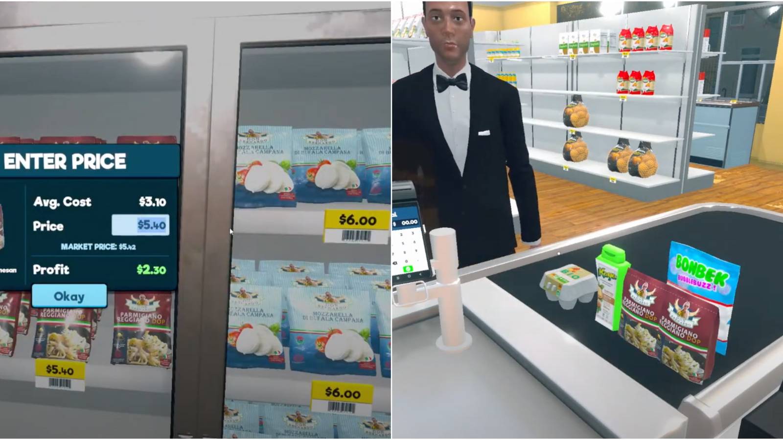 Ice cream in a fridge and a man in a suit with a few items 