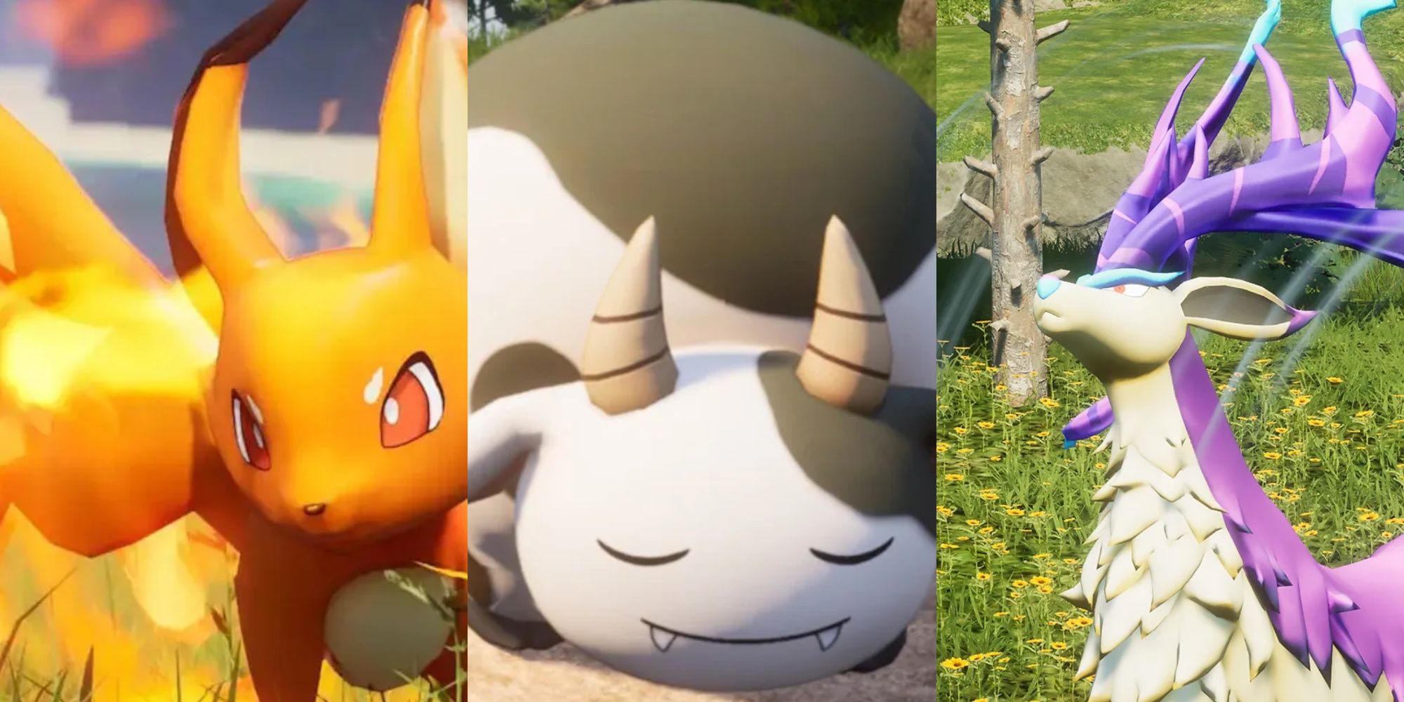 Split image of Foxparks, Mozzarina, and Eikthyrdeer from Palworld