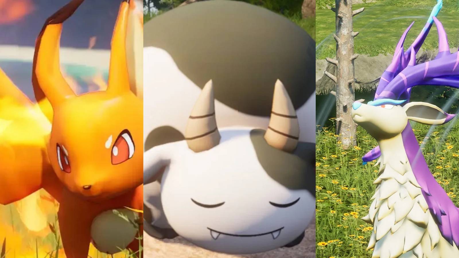 Split image of Foxparks, Mozzarina, and Eikthyrdeer from Palworld