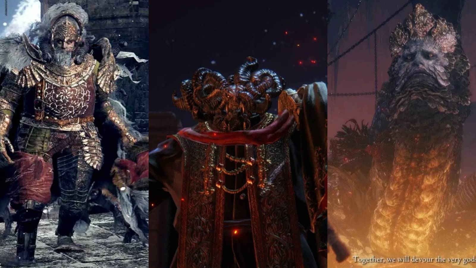 Three Elden Ring Bosses with high defense: Commander Niall, Mohg, and Rykard