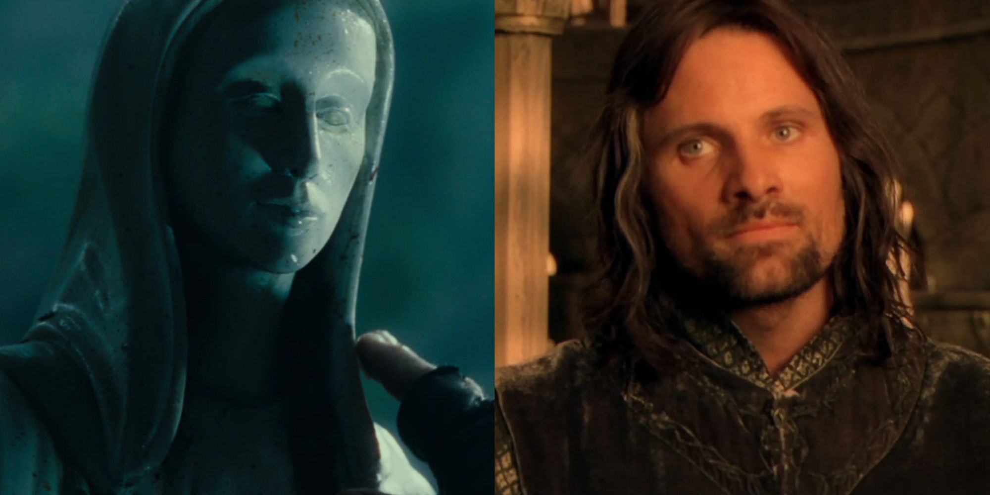 A split image of Gilraen's statue and Aragorn