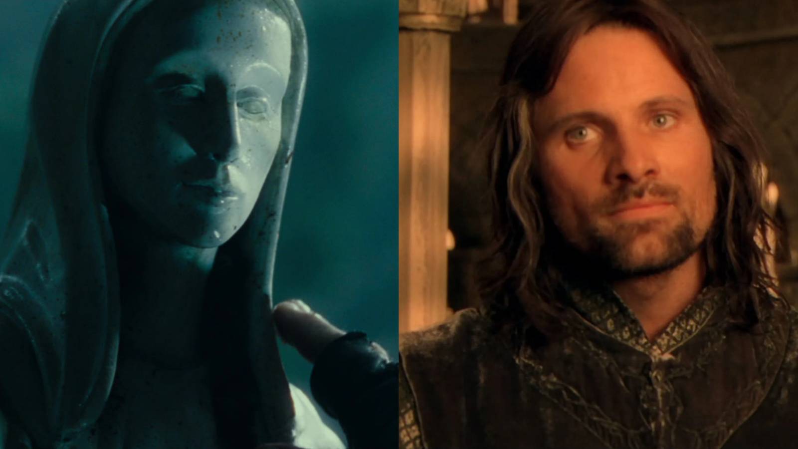A split image of Gilraen's statue and Aragorn