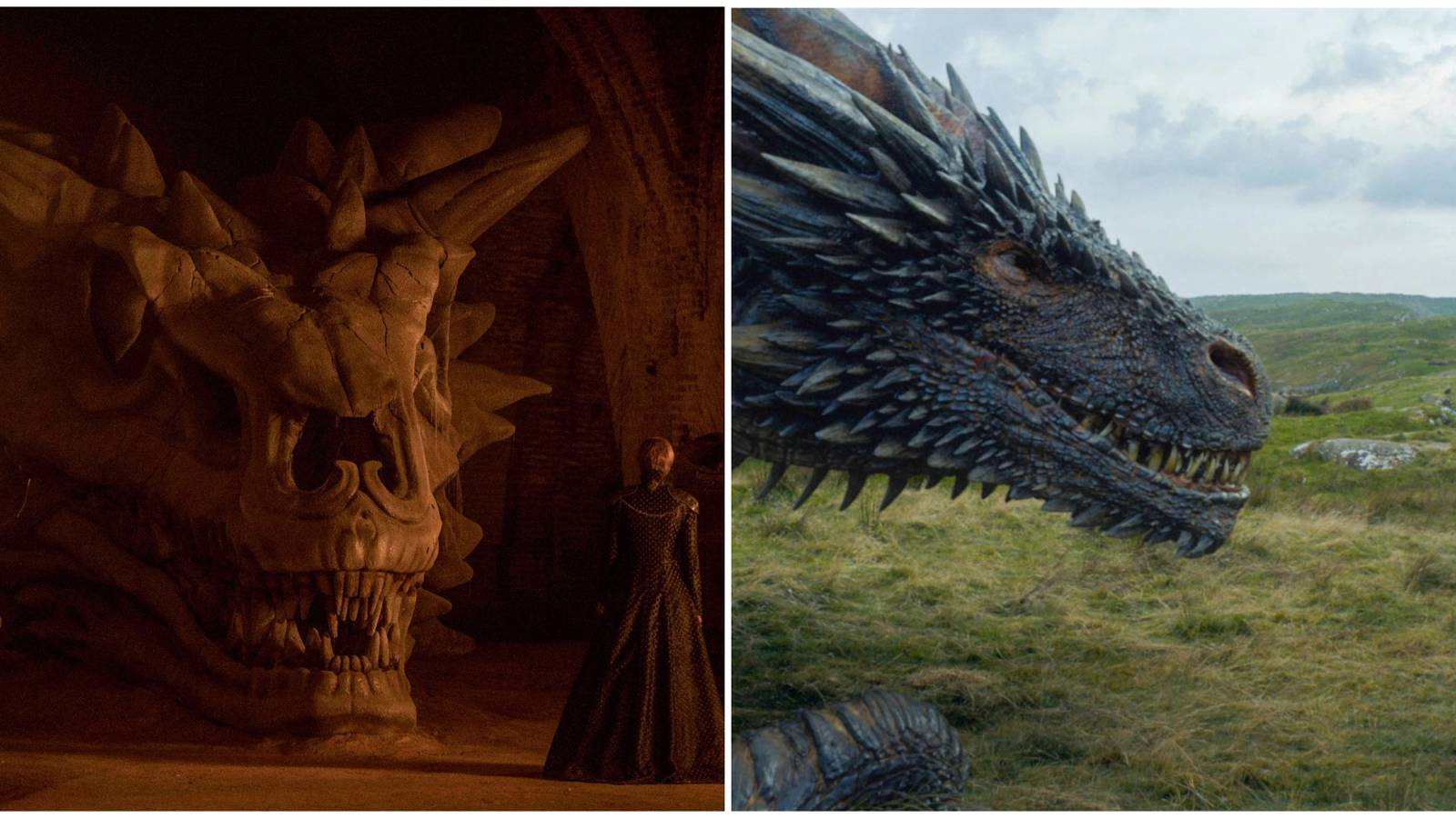 Balerion's skull and Drogon and Jon Snow in Game of Thrones.