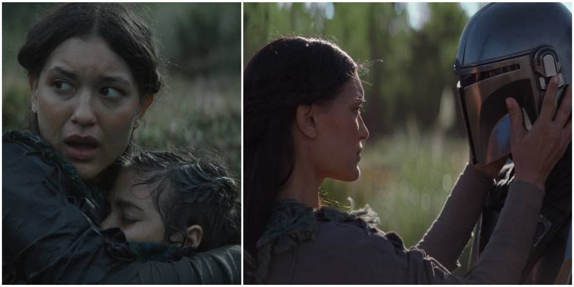 screenshots of omera holding her daughter winta, and lifting the mandalorian's helmet up