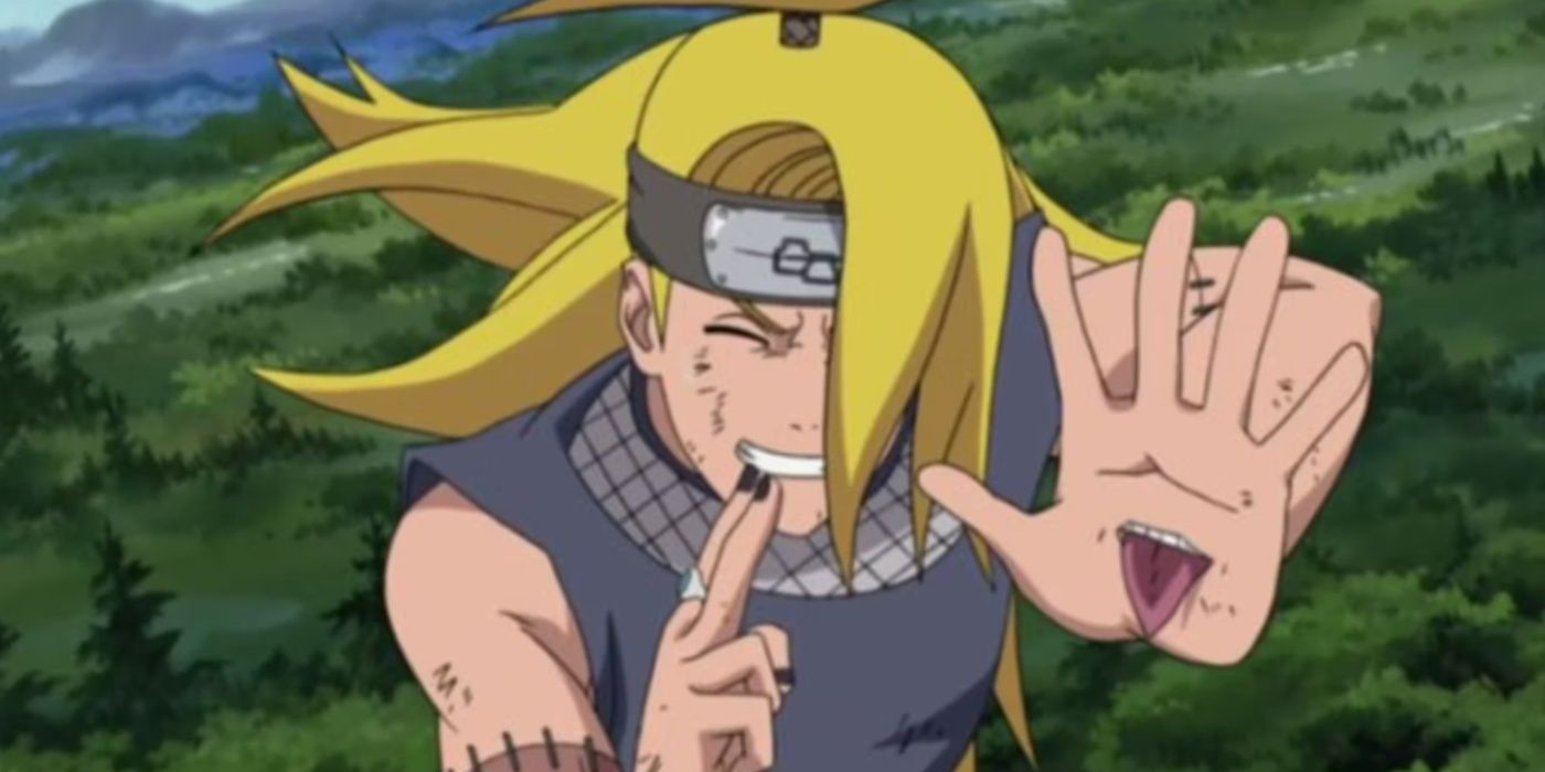 Deidara smiling as he detonates C4 Garuda in Naruto: Shippuden