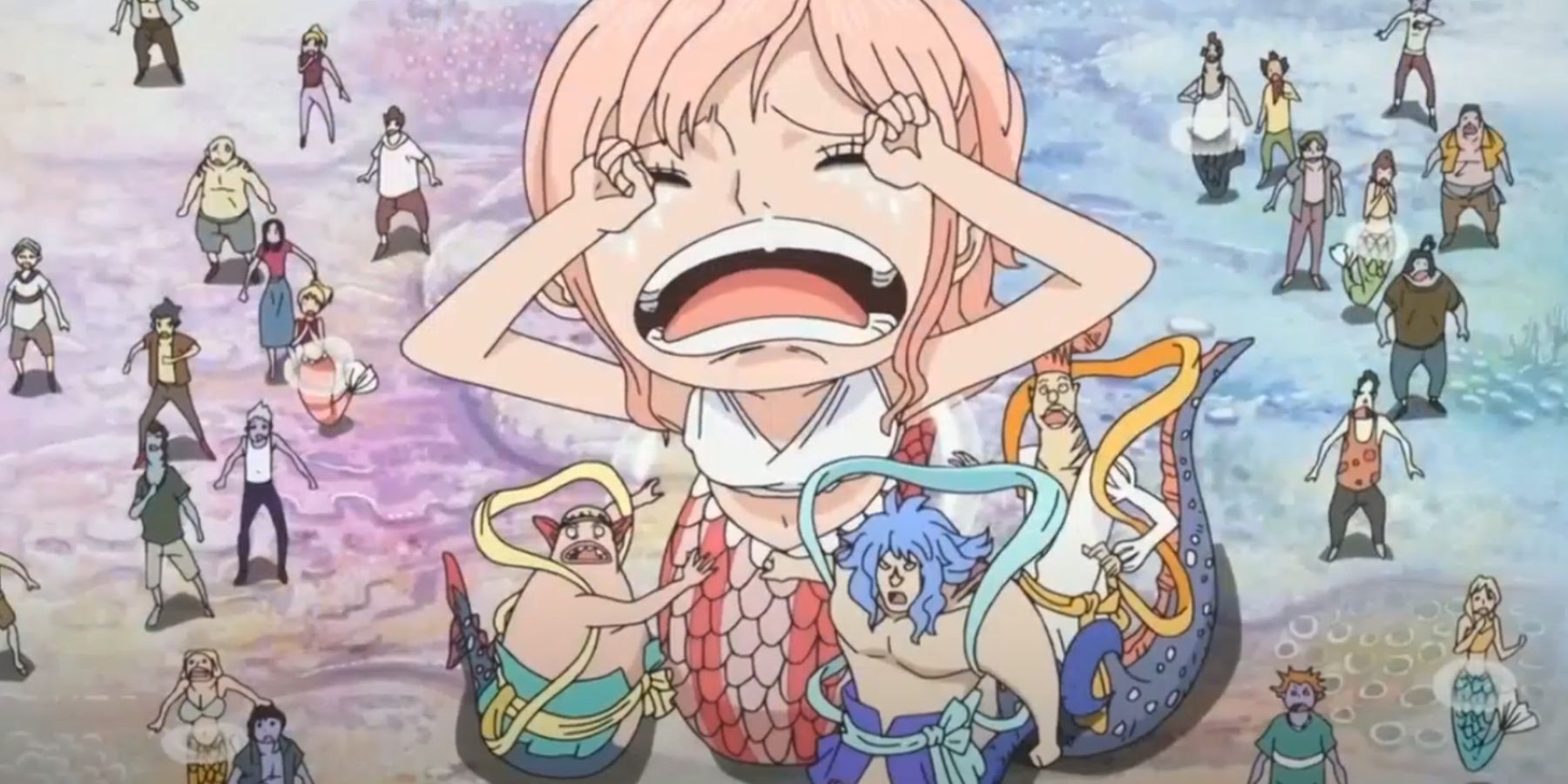 Young Shirahoshi crying over her mother's safety in One Piece