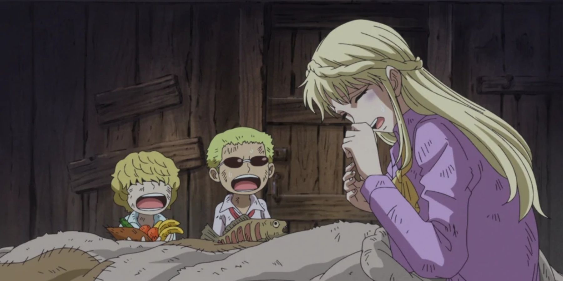 Young Rosinante and Doflamingo concerned for their sick mother in One Piece