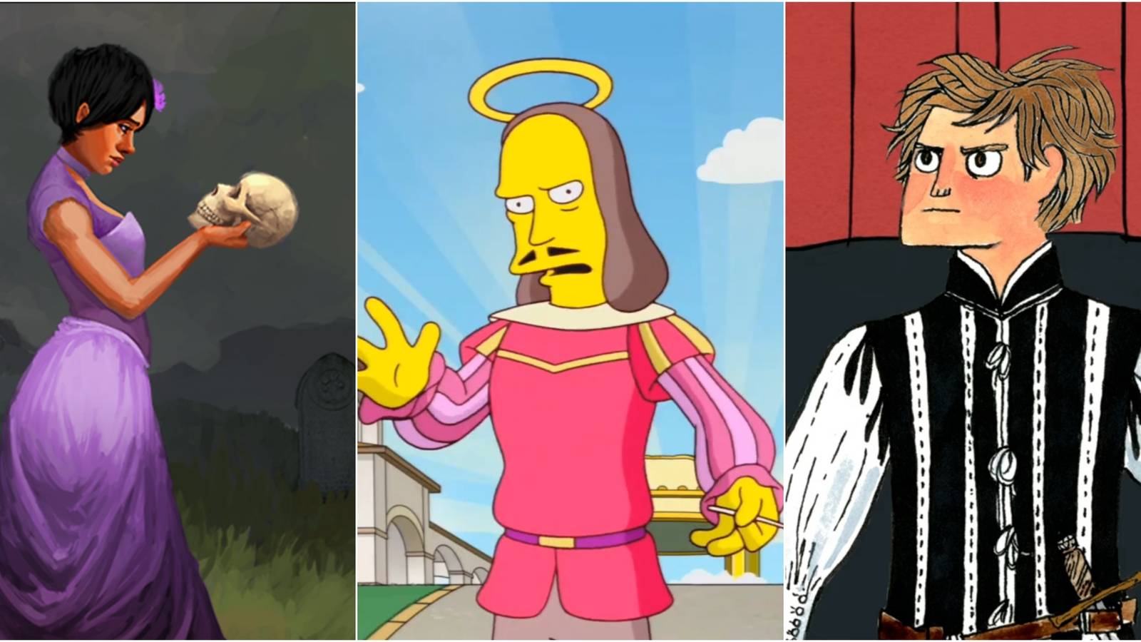 Images of Ophelia in Elsinore, Shakespeare in The Simpsons Game and Hamlet in To Be Or Not To Be