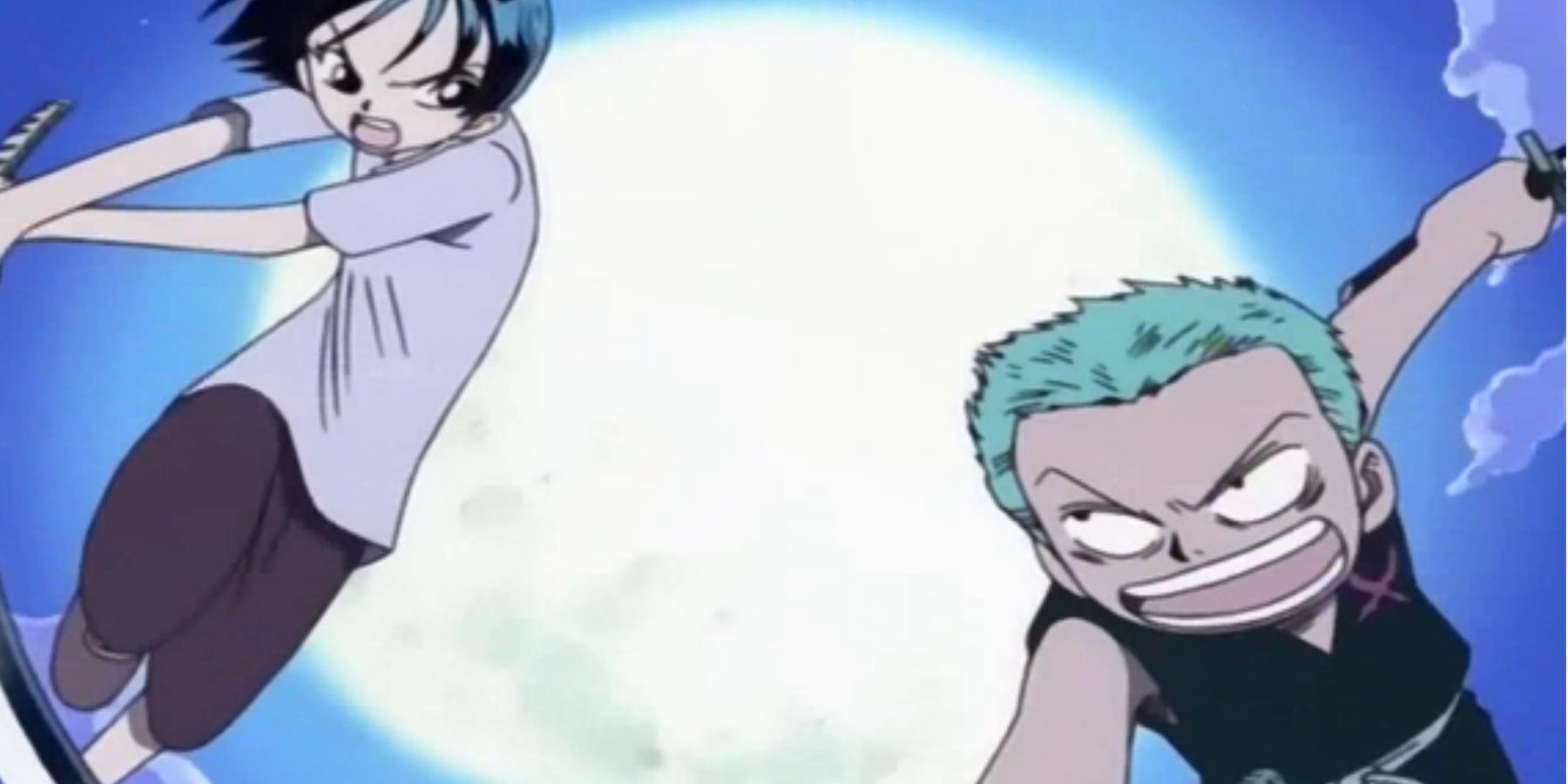 Young Zoro and Kuina having a sword fight at night in One Piece