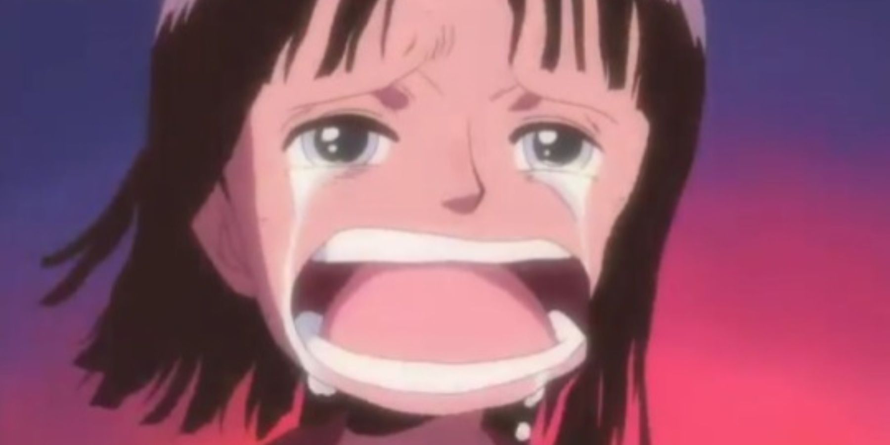 Young Robin crying as Ohara is destroyed by the Buster Call in One PIece