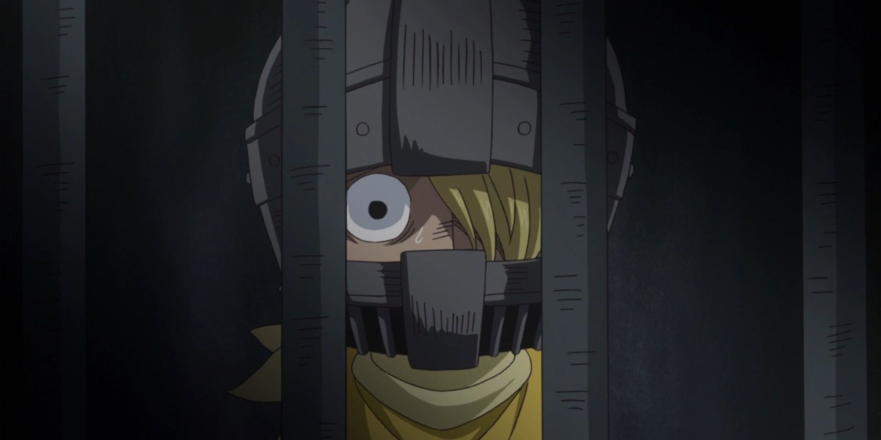 Young Sanji being jailed and given an iron mask by his father in One Piece