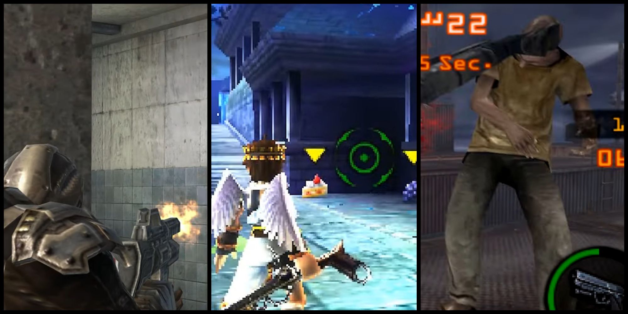 screenshots from IronFall: Invasion, Kid Icarus: Uprising, and Resident Evil: The Mercenaries 3D