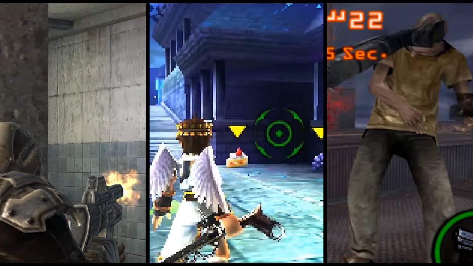 screenshots from IronFall: Invasion, Kid Icarus: Uprising, and Resident Evil: The Mercenaries 3D